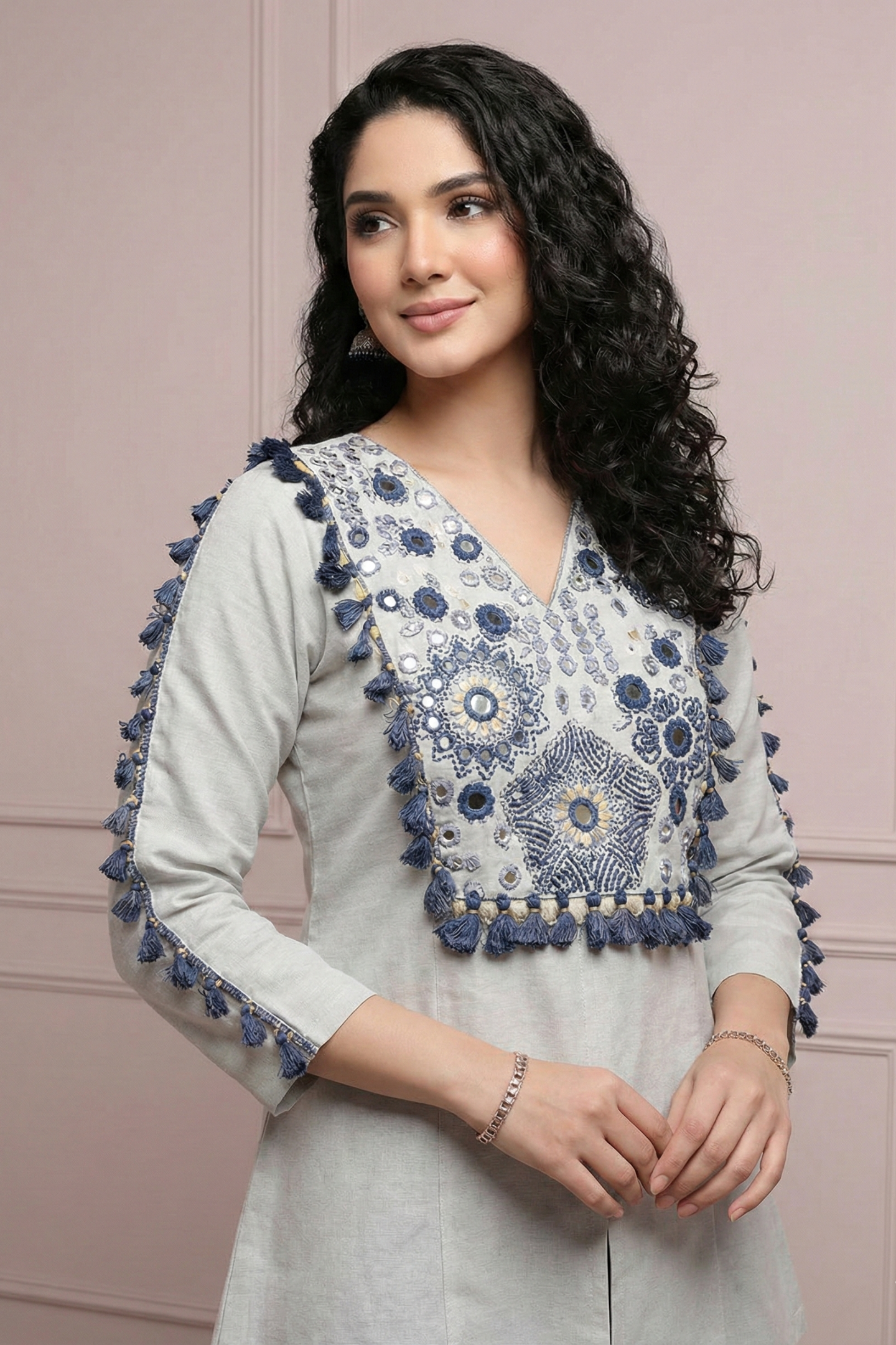 Ivory Mirror Work Kurta Set with Navy Striped Palazzo