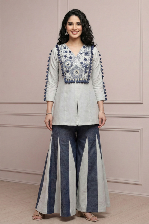 Ivory Mirror Work Kurta Set with Navy Striped Palazzo